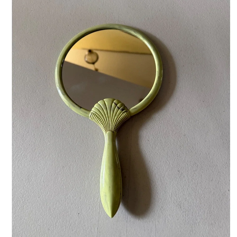 Vintage Art Deco Style Marbled Lime Green Shell Hand Mirror Vanity Accessory